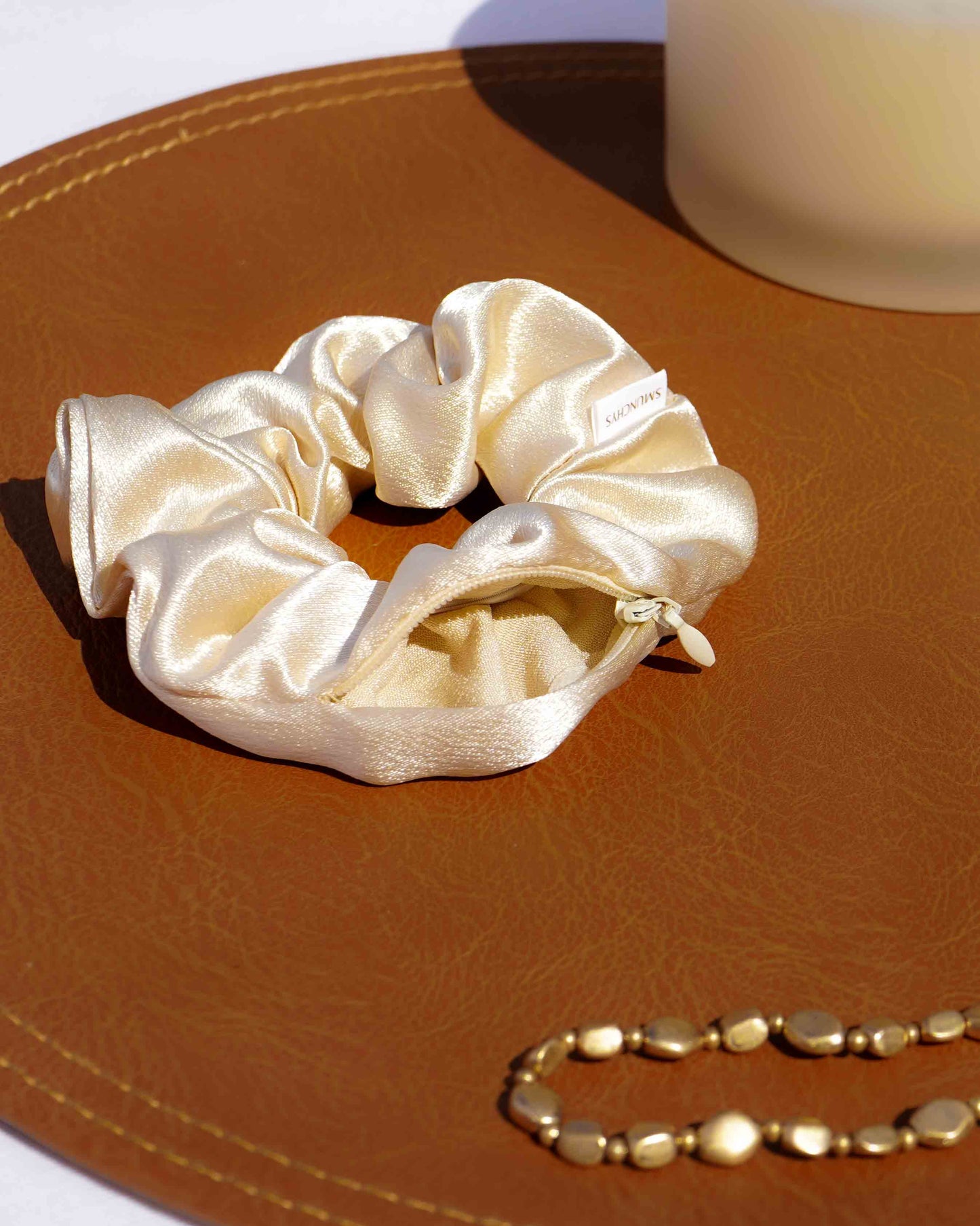 Satin Gold Zipper Pocket Scrunchie