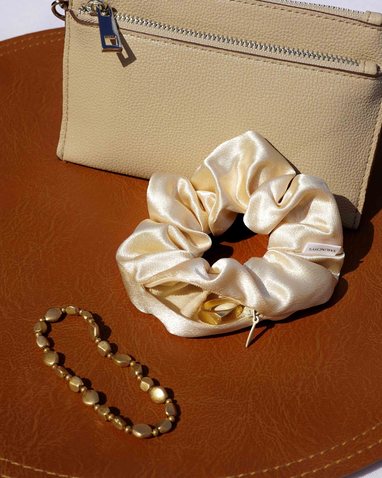 Satin Gold Zipper Pocket Scrunchie