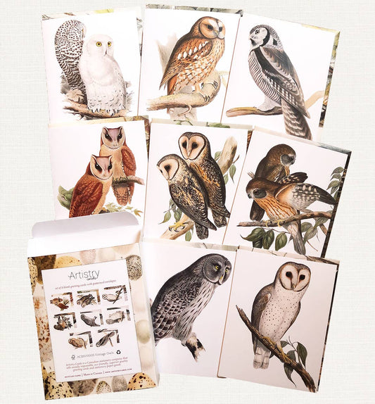 Boxed Set of 8 Vintage Owl Greeting Cards