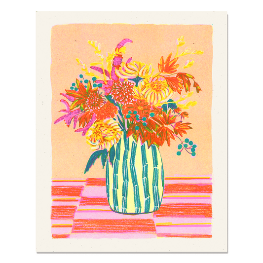 Chrysanthemums and Stripes Risograph Art Prints
