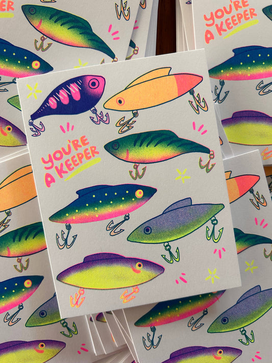 You're a Keeper (Fishing Lures) - Risograph Greeting Card