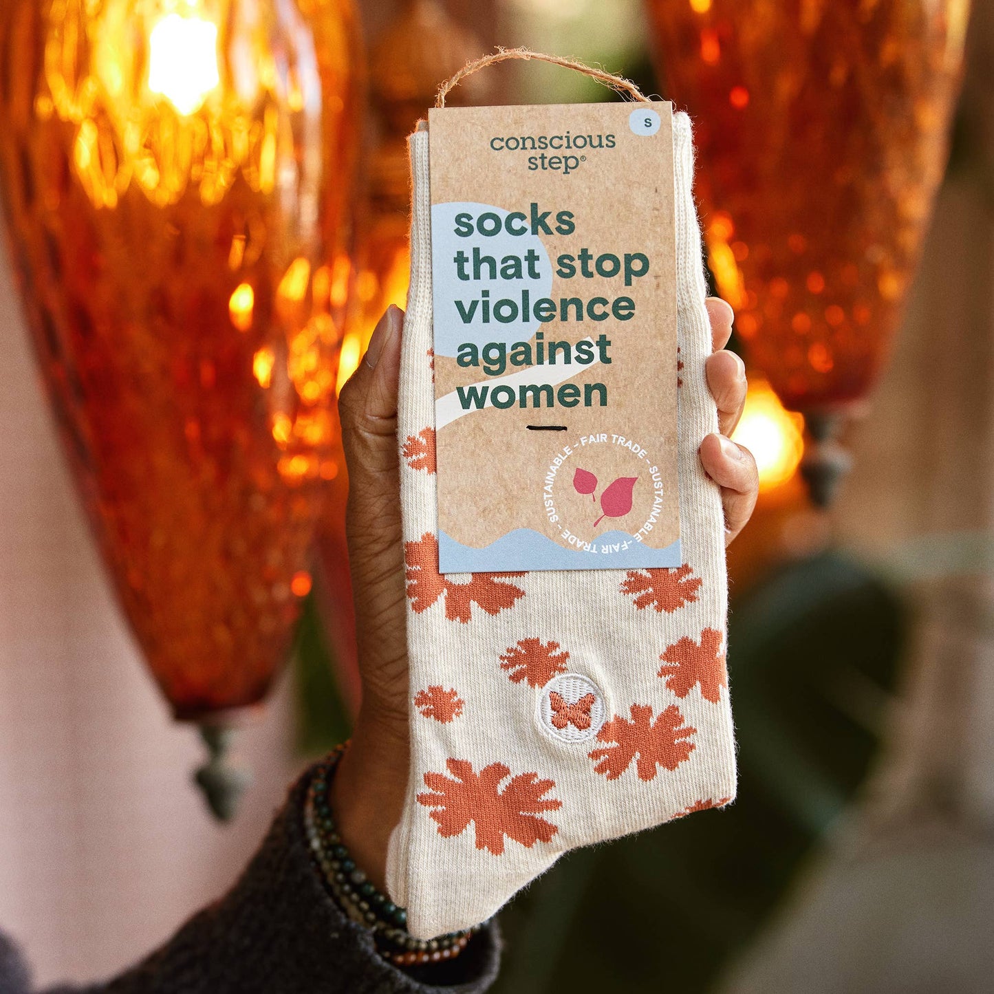 Socks that Stop Violence Against Women (Orange Flowers): Medium