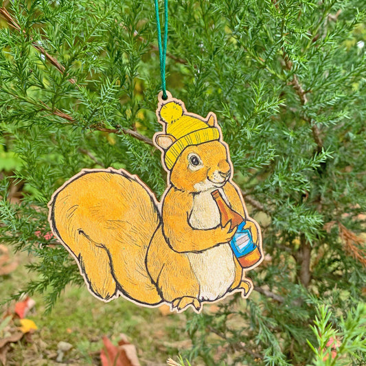 Beer Squirrel- 3.5" illustrated wooden tree ornament