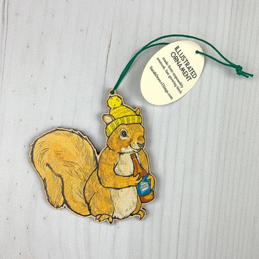 Beer Squirrel- 3.5" illustrated wooden tree ornament