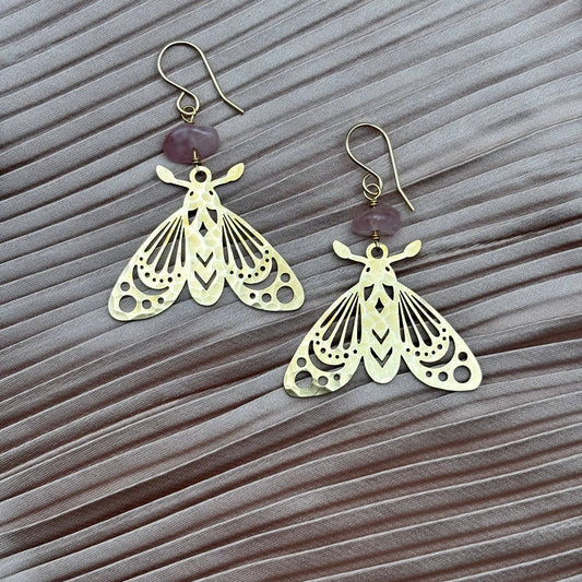 Handmade Anahata Earrings | Moth | Rose Quartz | Nature