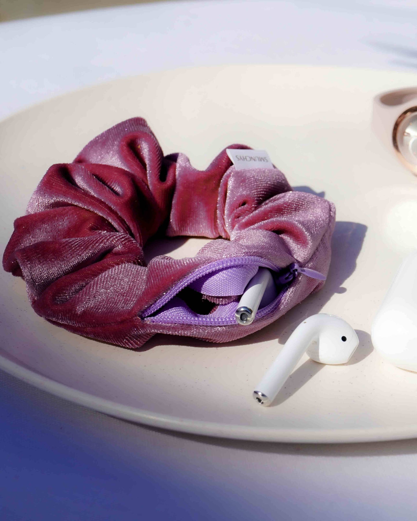 Velvet Deep Lavender Zipper Pocket Scrunchie