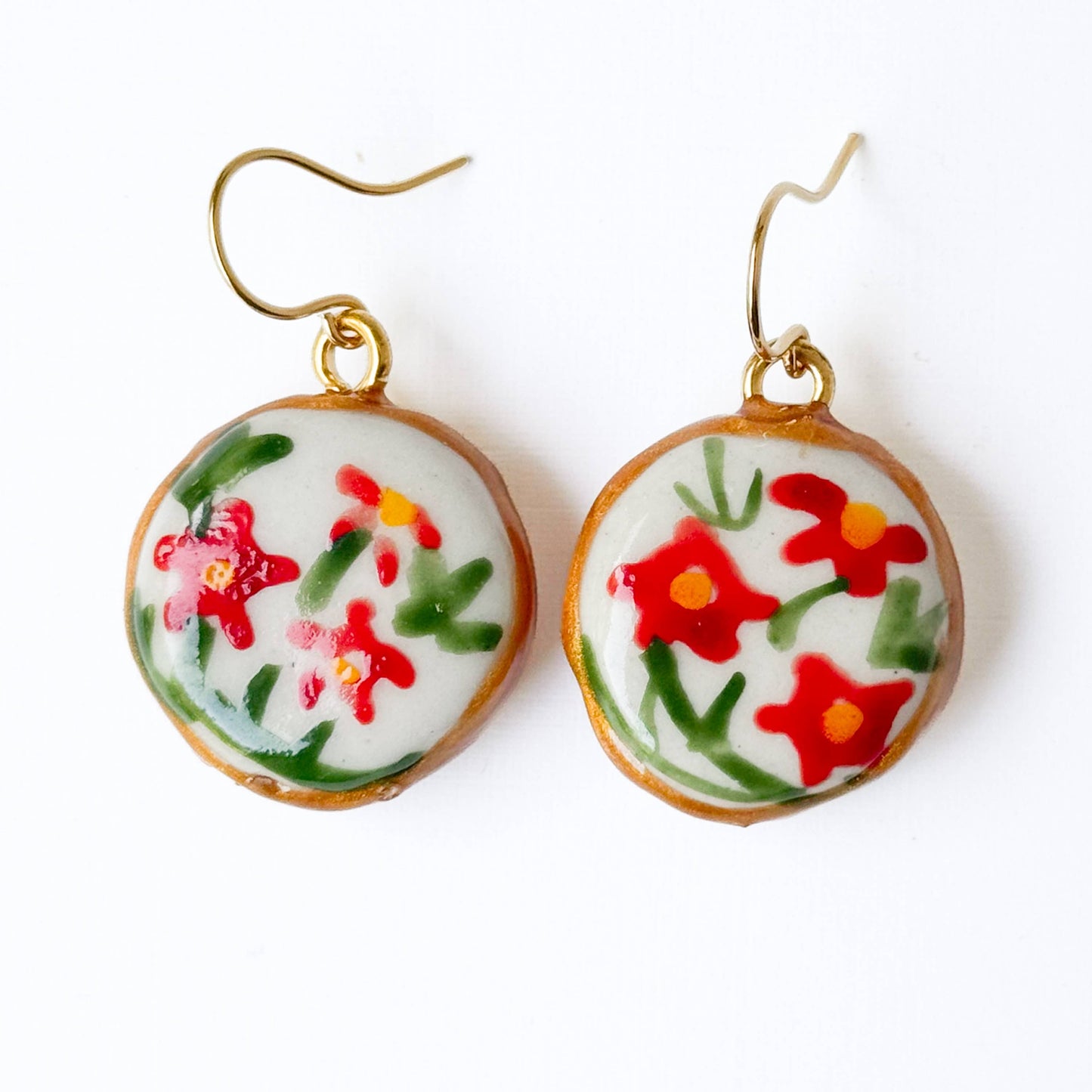 Hand Painted Floral Drop Earrings Gold Plated