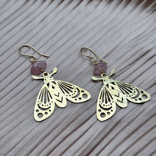 Handmade Anahata Earrings | Moth | Rose Quartz | Nature