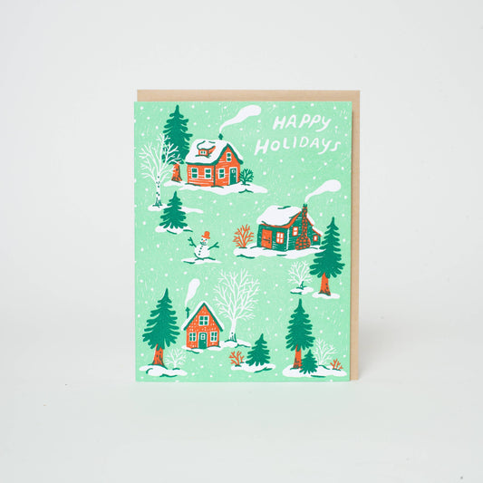 Christmas Cottages Letterpress Greeting Card by Phoebe Wahl