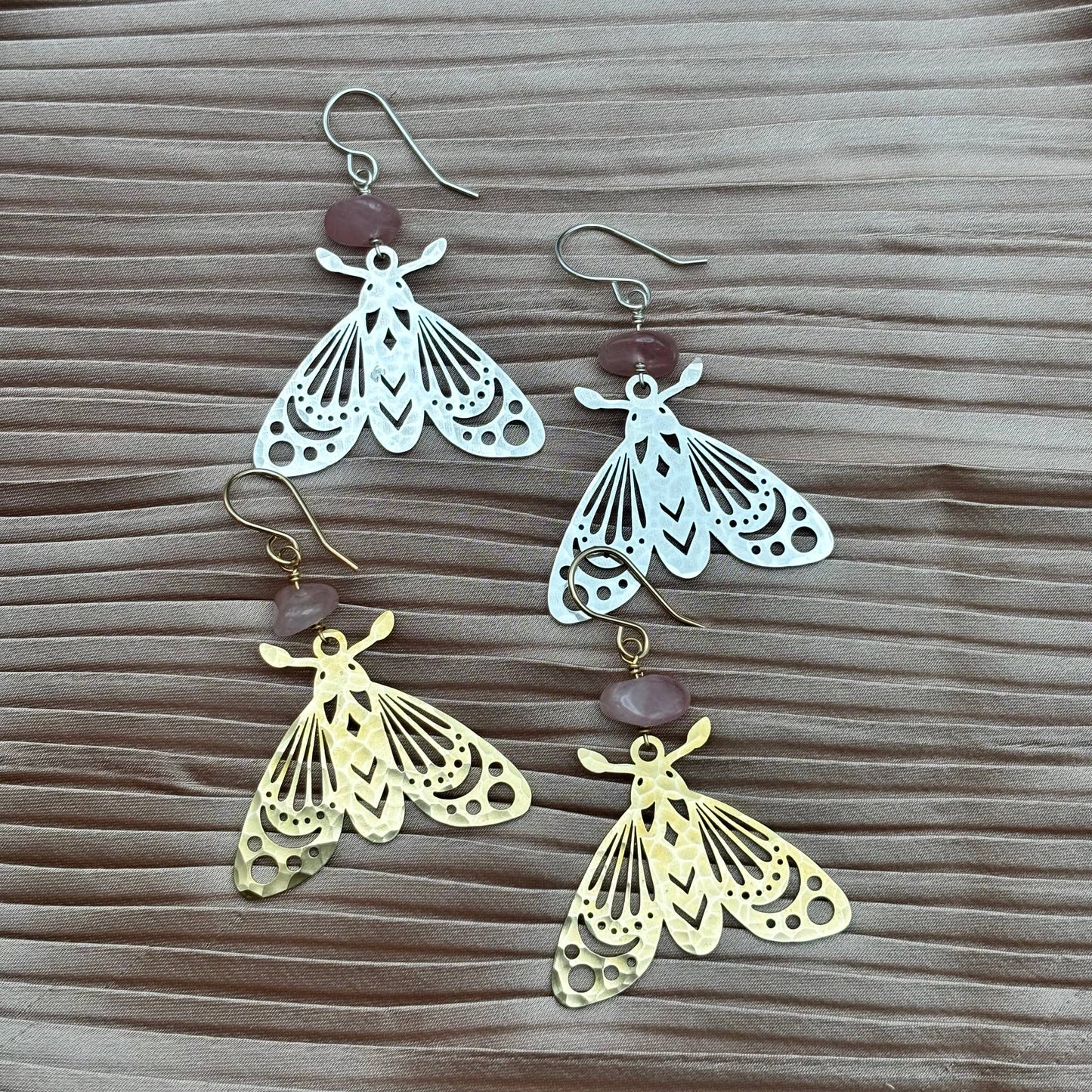 Handmade Anahata Earrings | Moth | Rose Quartz | Nature