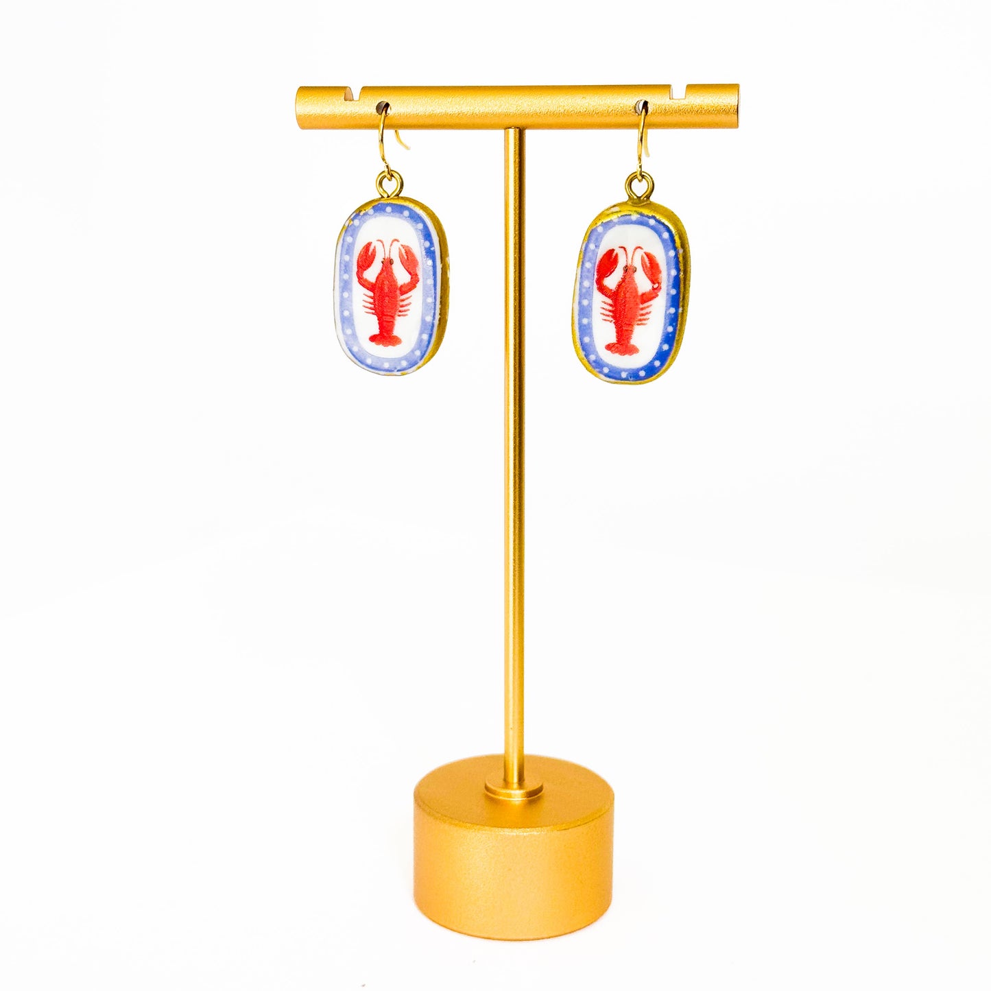 Ceramic Floral Vase Earrings Gold Plated Blue White