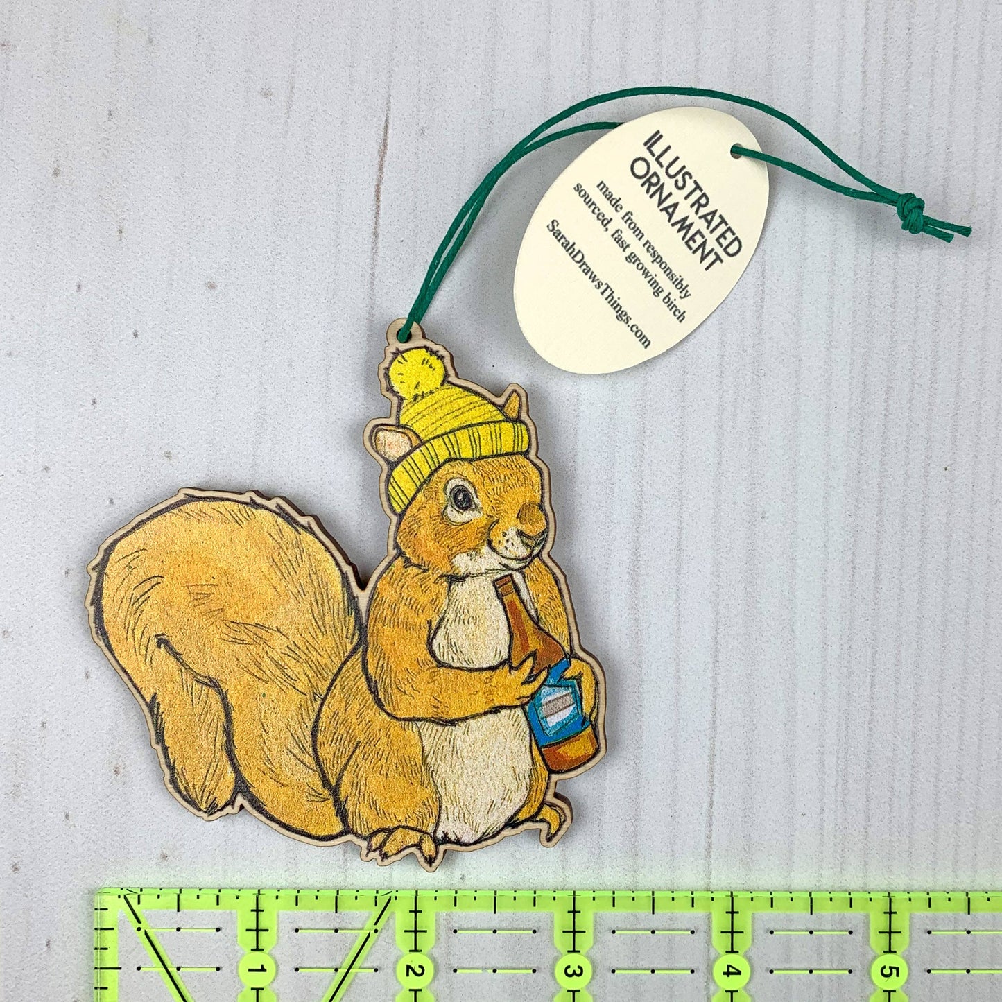 Beer Squirrel- 3.5" illustrated wooden tree ornament