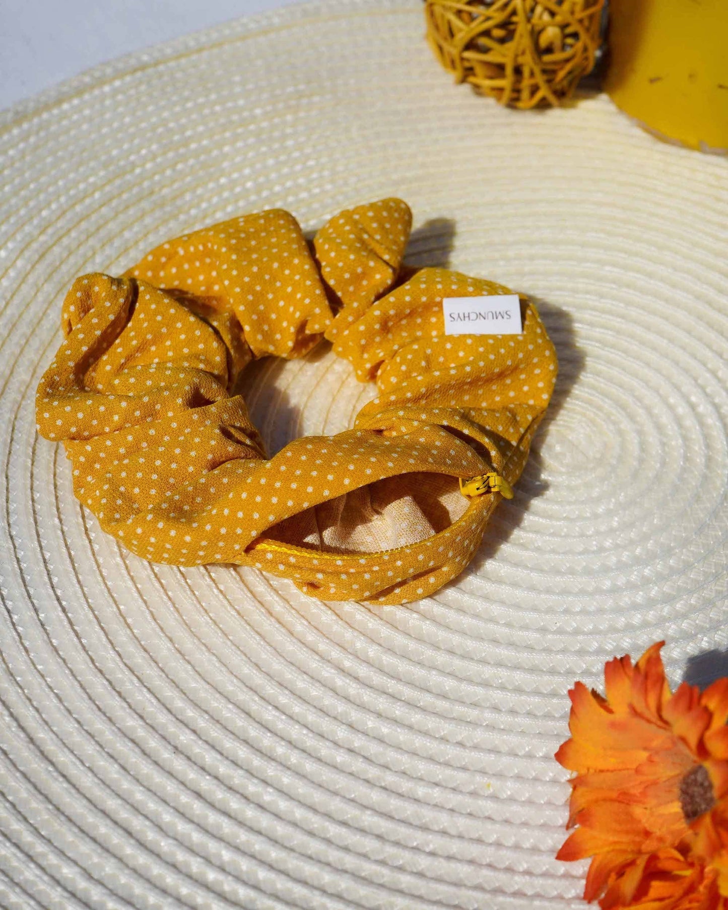 Mustard Polka Dot Zipper Scrunchie