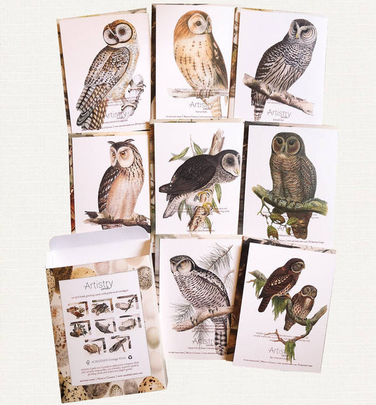 Boxed Set of 8 Vintage Owl Greeting Cards