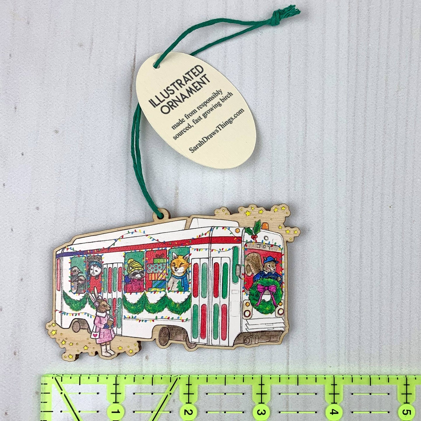 Jolly Trolley - 3.5" illustrated wooden tree ornament