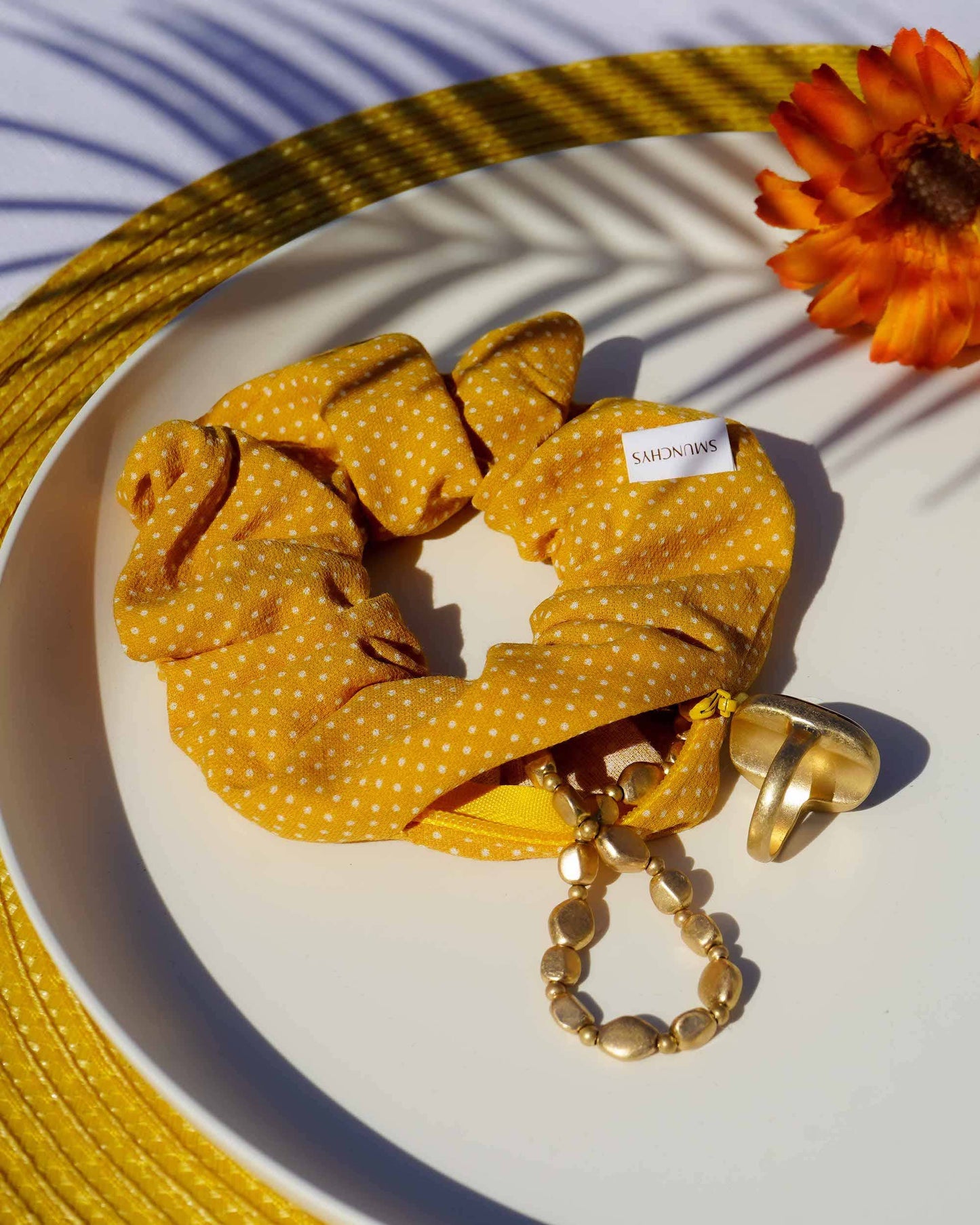 Mustard Polka Dot Zipper Scrunchie