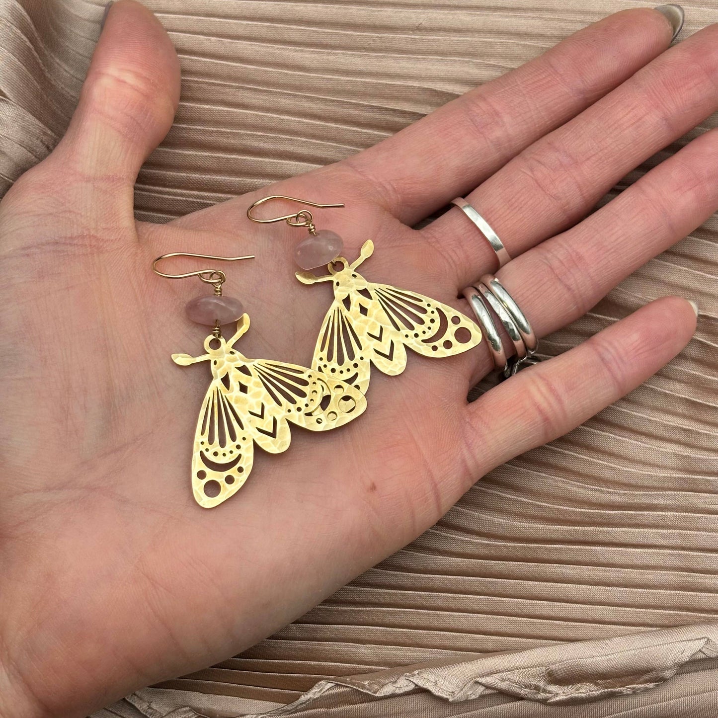 Handmade Anahata Earrings | Moth | Rose Quartz | Nature