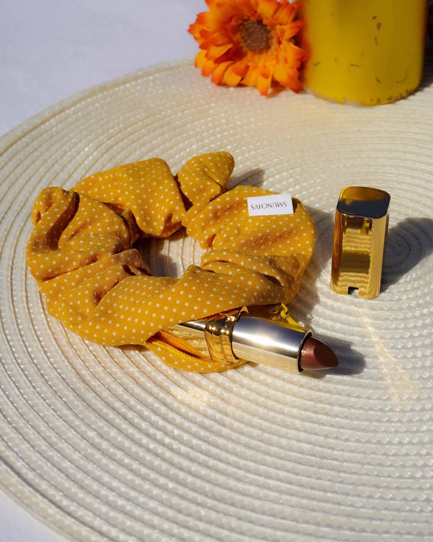 Mustard Polka Dot Zipper Scrunchie