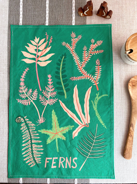 Pink & Green Ferns Tea Towel