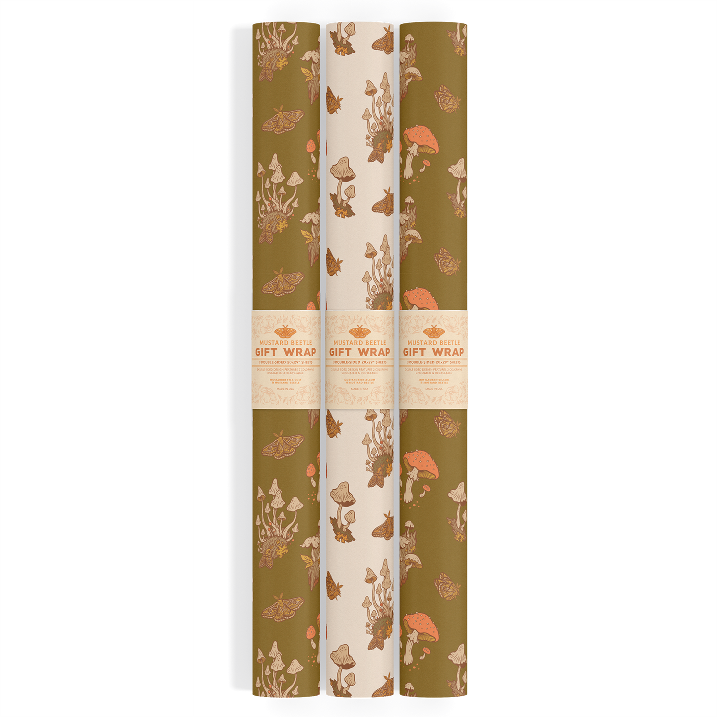 Recyclable Gift Wrap / Wrapping Paper: Mushrooms (Green & Cr
