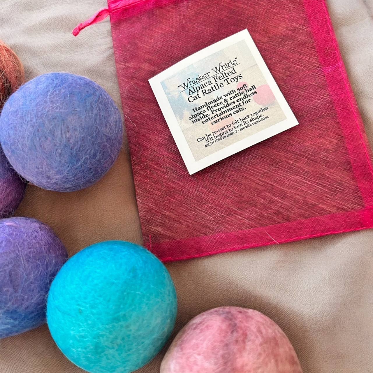 100% Alpaca Wool Cat Rattle Balls – Assorted Colors, 2-Pack