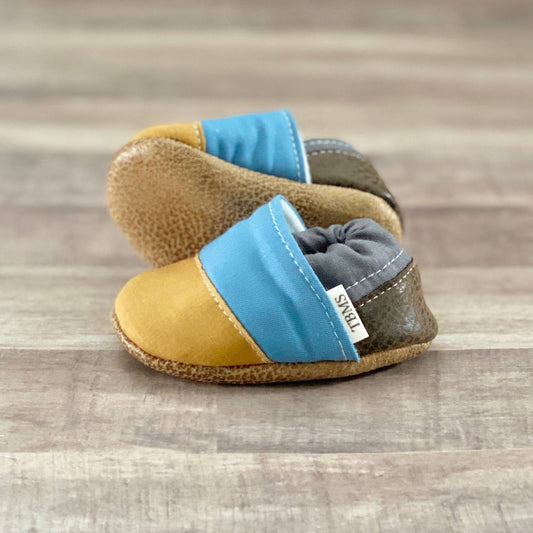 Mustard, Blue, and Gray Angled Moccasins