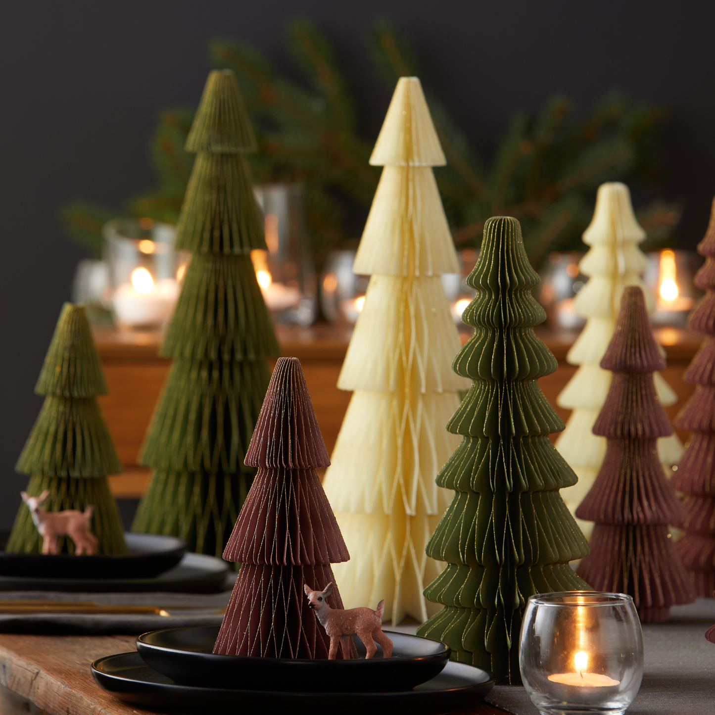 Honeycomb trees, vintage folding paper, Christmas, Winter
