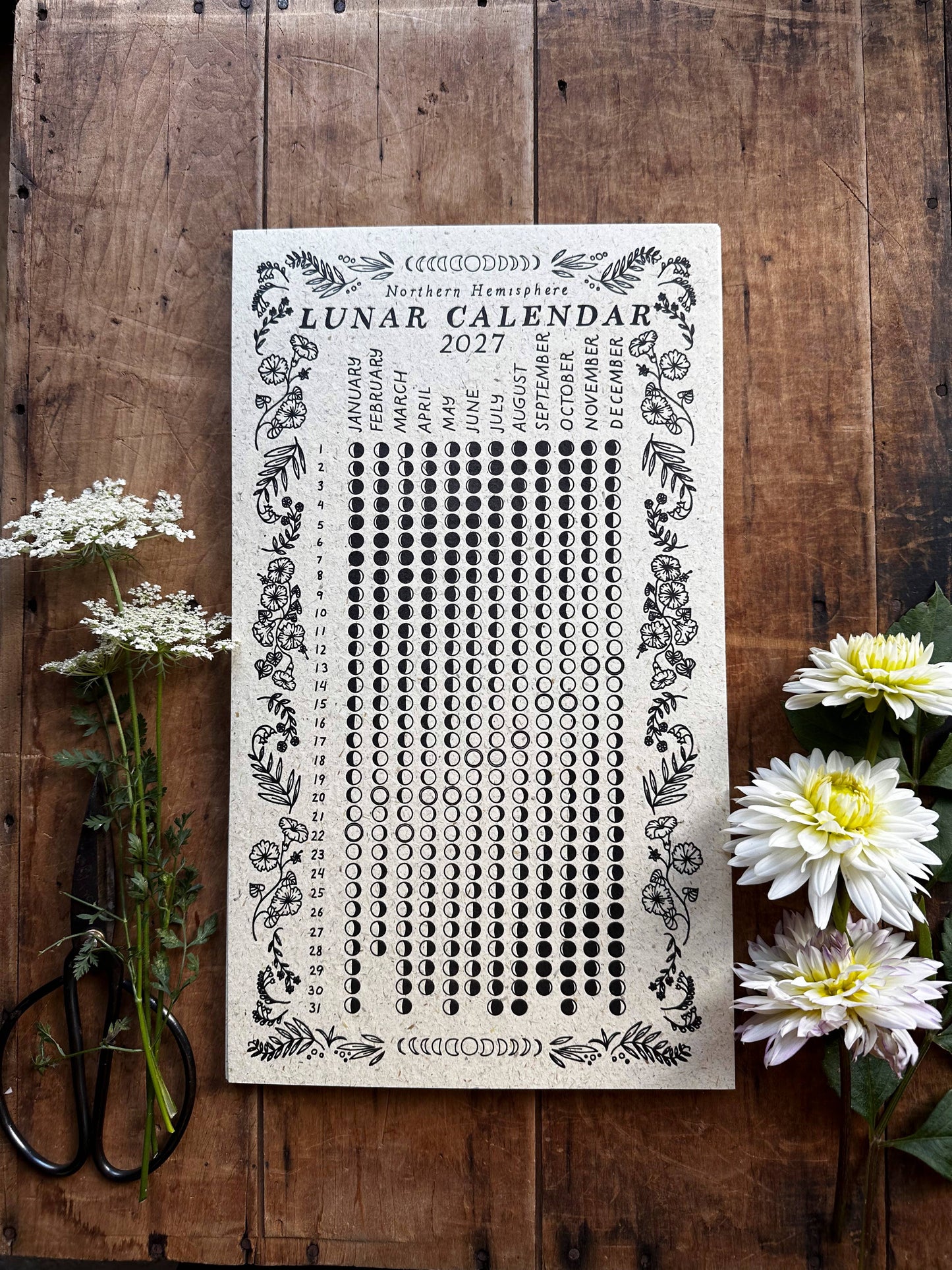 Lunar Calendar 2027, moon phases, hay paper, christmas gift