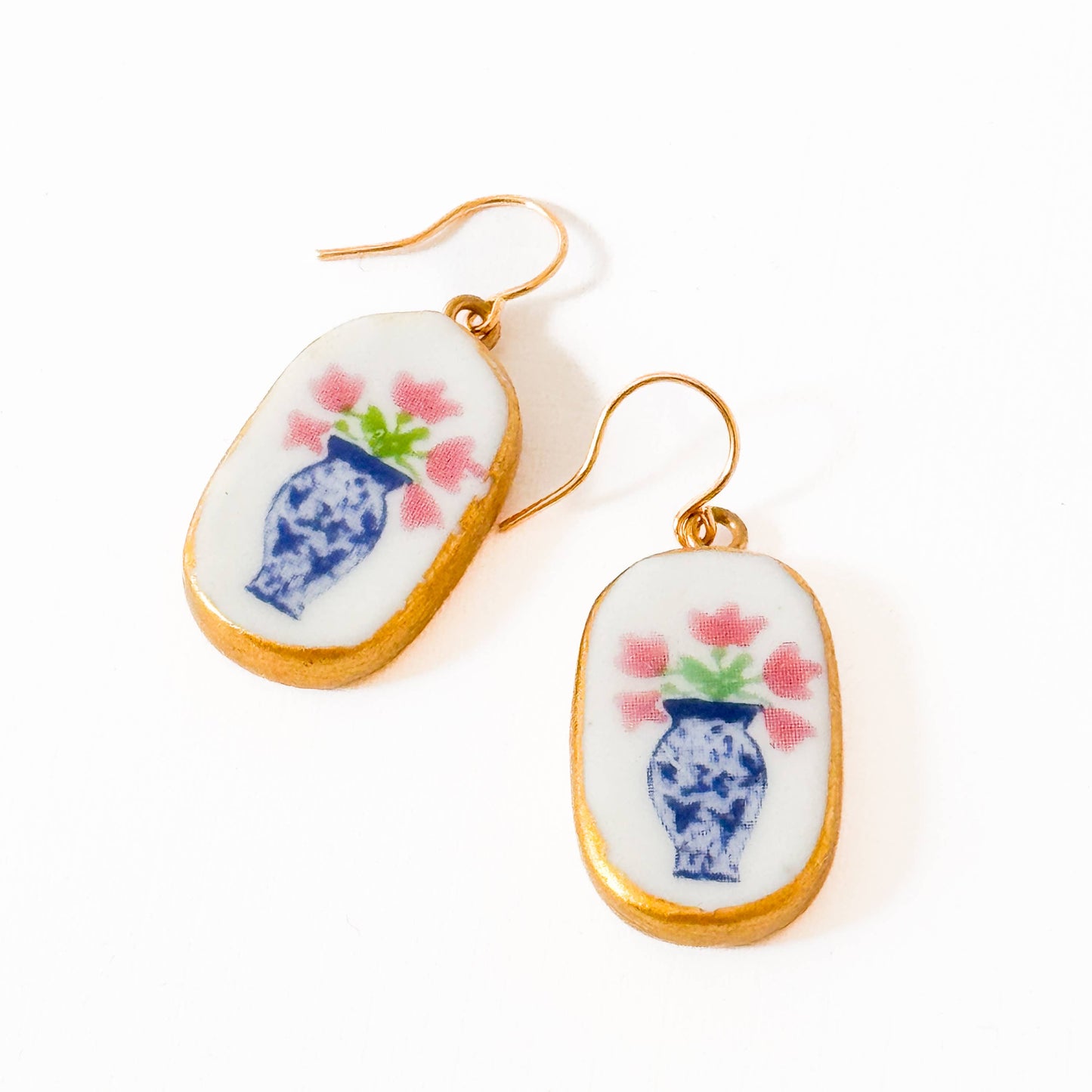 Ceramic Floral Vase Earrings Gold Plated Blue White