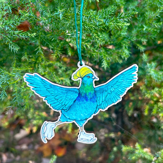 Pigeon Ice Skate - 3.5" illustrated wooden tree ornament