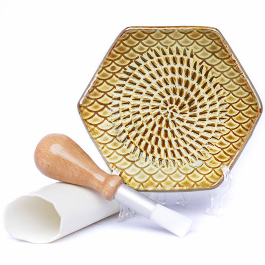 Golden Brown 3 Piece Set: Ceramic Grater, Peeler, Brush