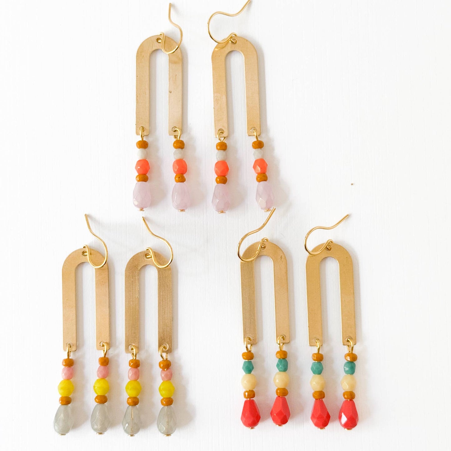 Brass Arch Earrings with Glass Beads • 3 Colors