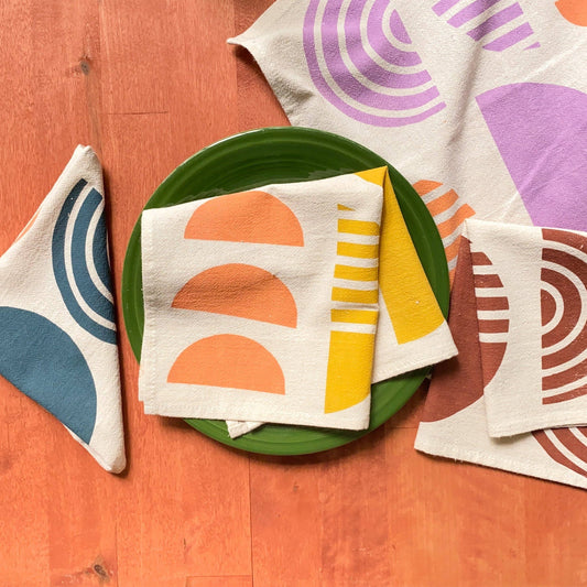 Warm Geometric Hand Printed Cotton Napkins, Set of 4