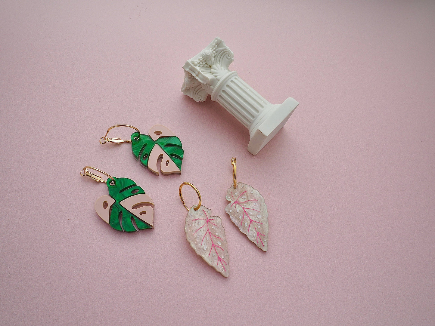 Pink Begonia and Monstera leaf earrings