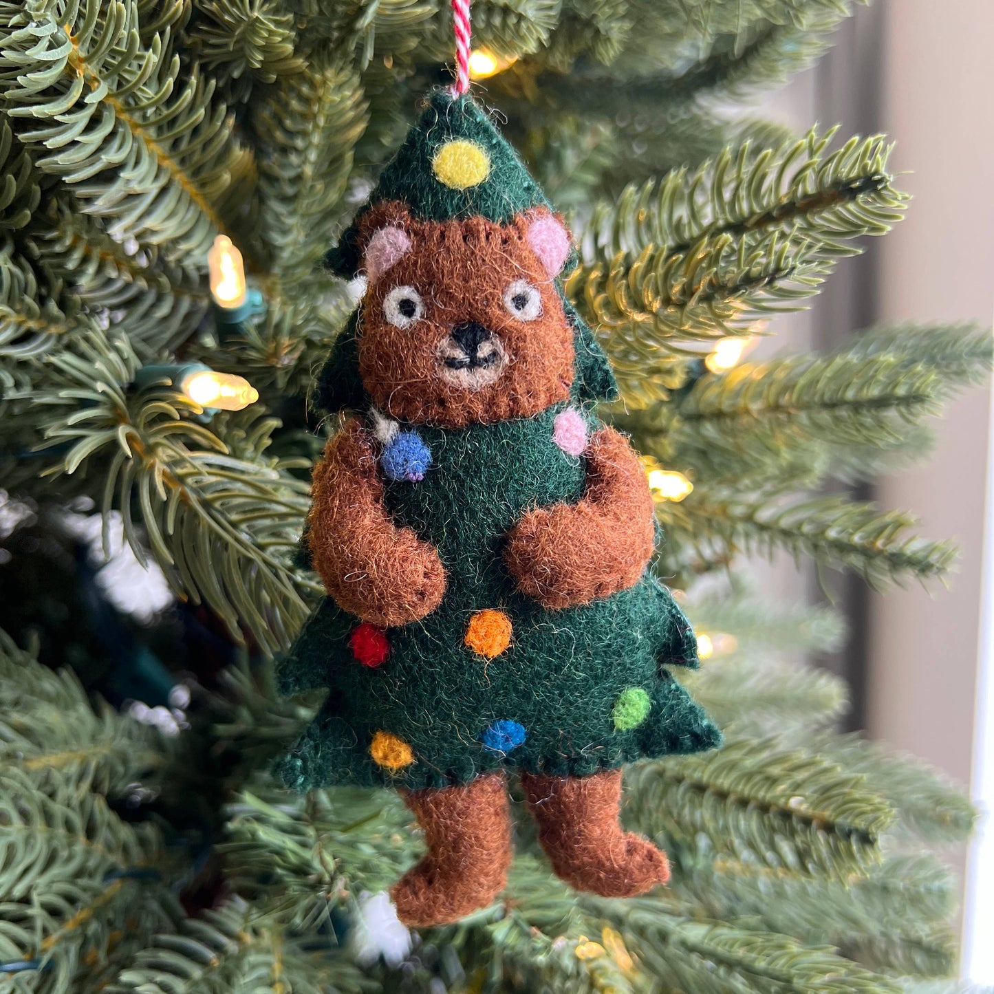 Bear in Christmas Tree Felt Wool Ornament 