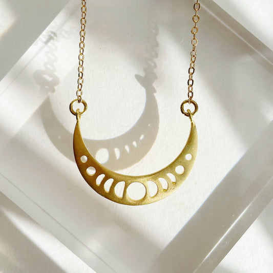 Moon Phases Necklace ~ Brass Pendant with Gold Plated Chain