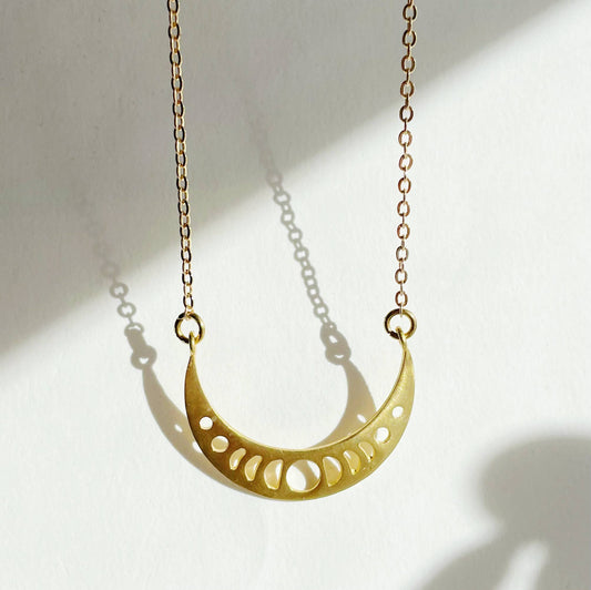 Moon Phases Necklace ~ Brass Pendant with Gold Plated Chain