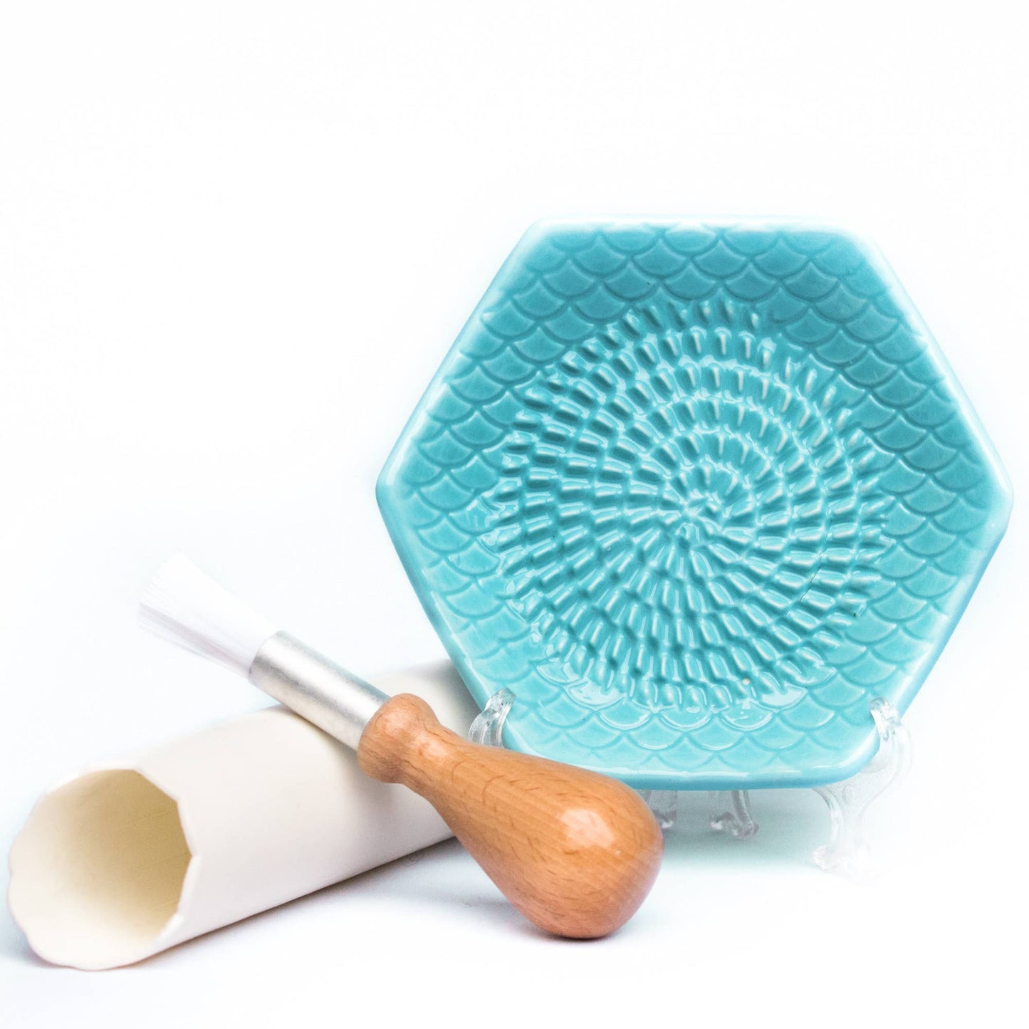 Turquoise 3 Piece Set: Ceramic Grater, Peeler, Brush