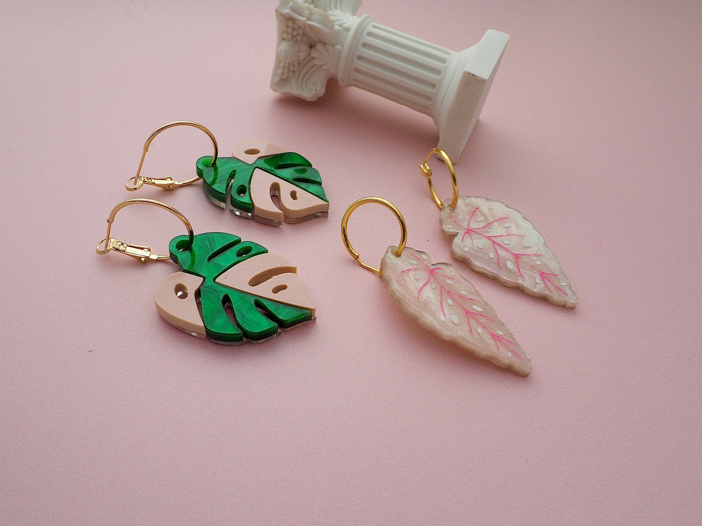 Pink Begonia and Monstera leaf earrings