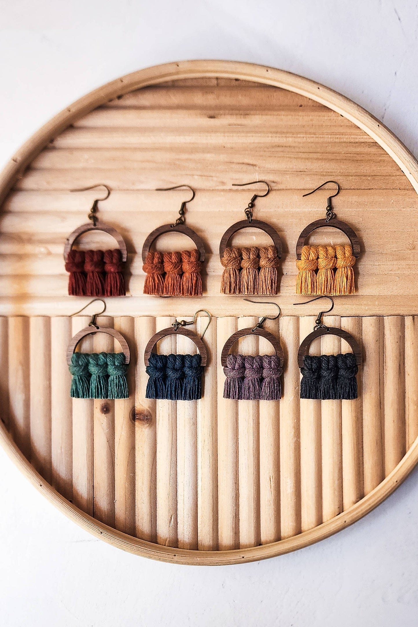 Macrame Fringe Earrings Semi Circle Fall Colors: Citrus