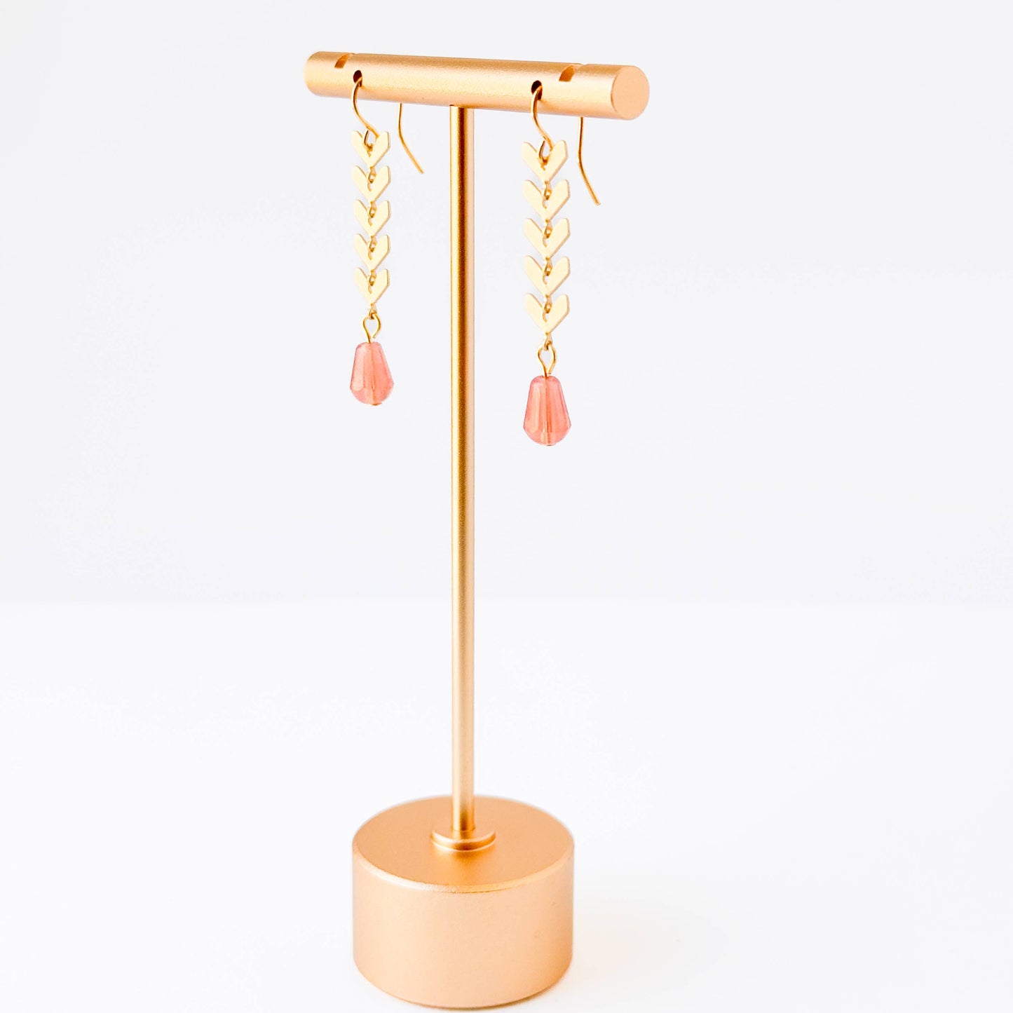 Gold Chevron Drop Earrings Pink Glass Bead Long Dangle