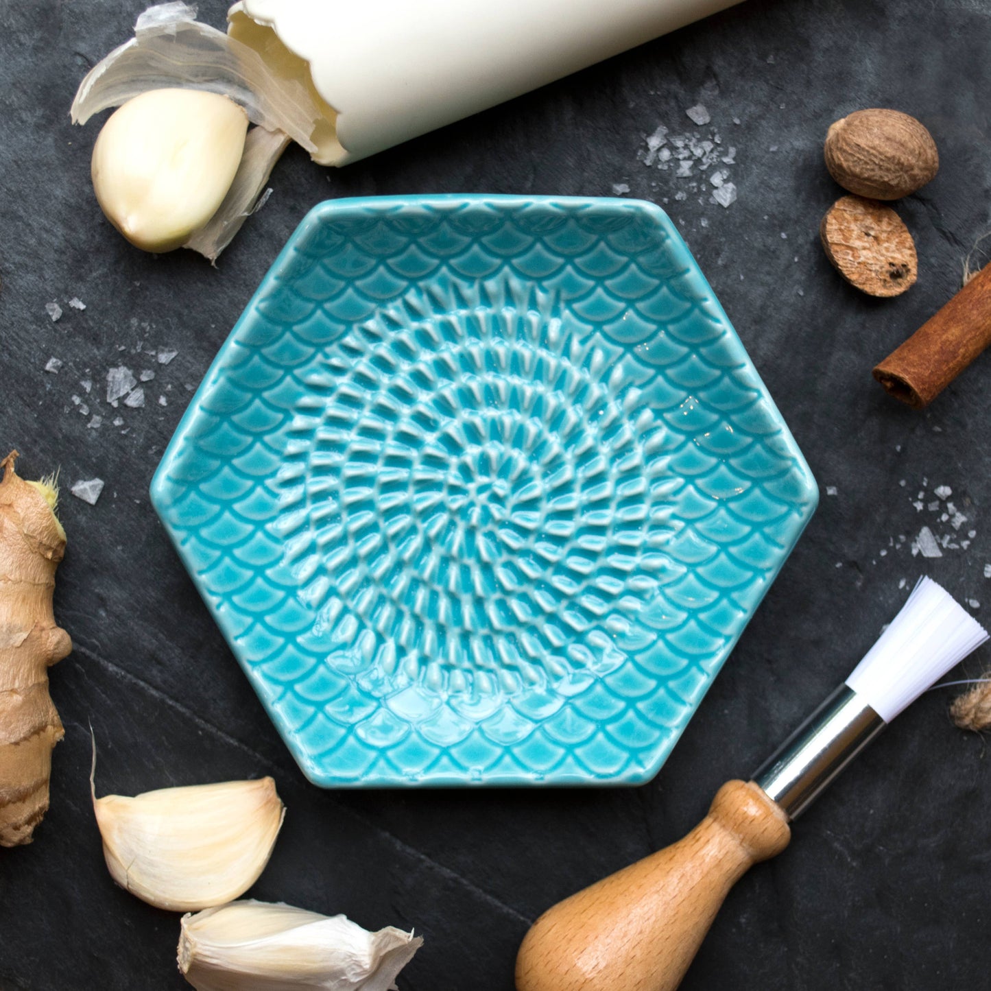 Turquoise 3 Piece Set: Ceramic Grater, Peeler, Brush