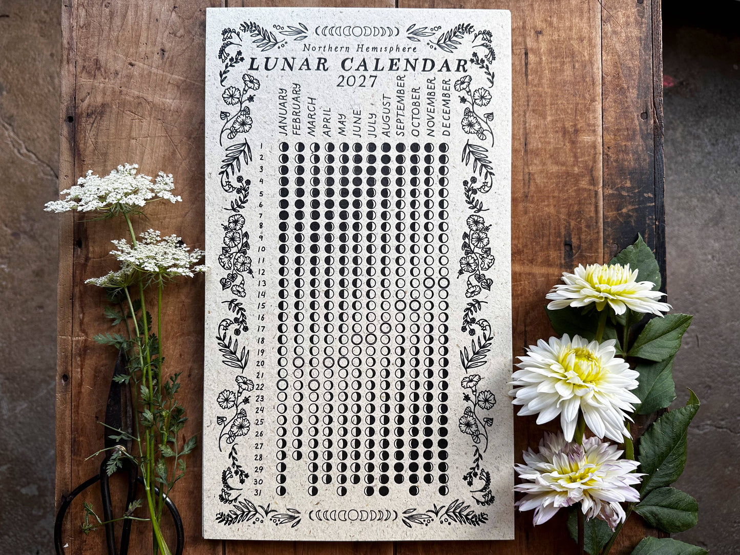 Lunar Calendar 2027, moon phases, hay paper, christmas gift