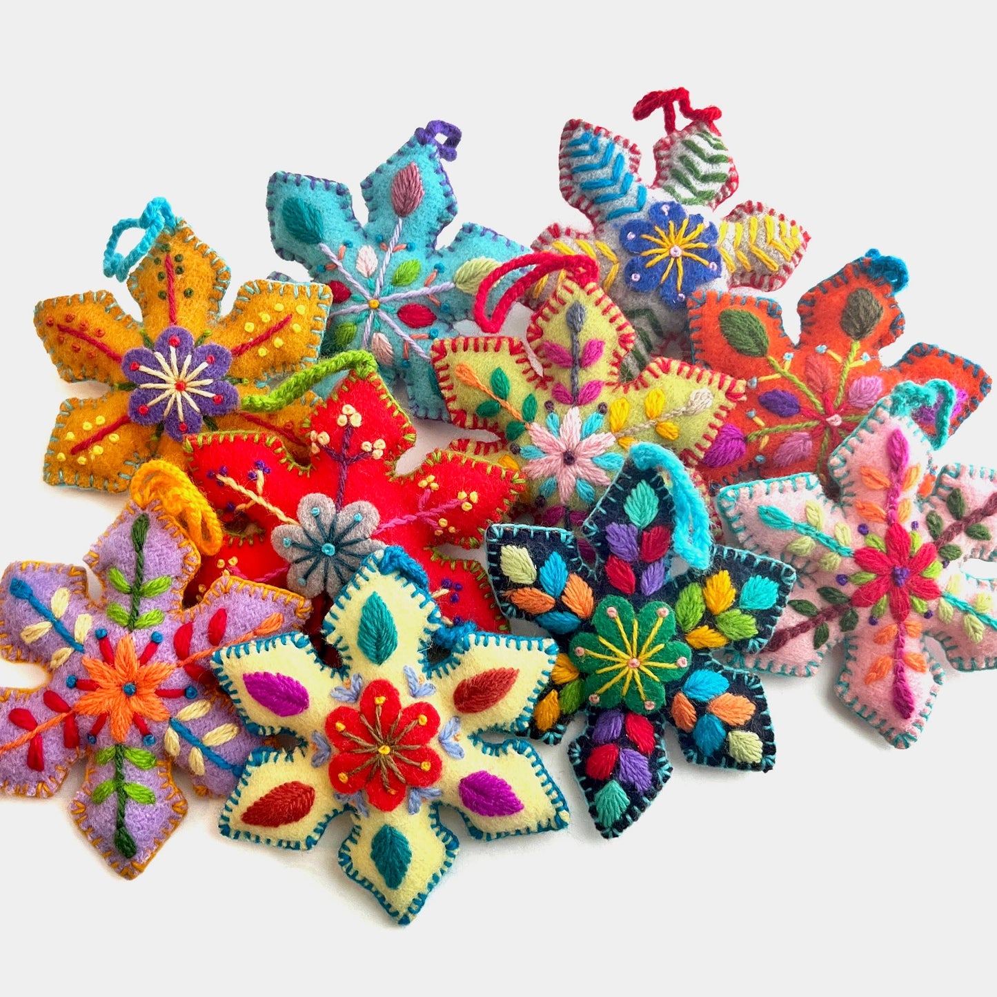Colorful Pointed Snowflake Embroidered Christmas Ornament, 12pk