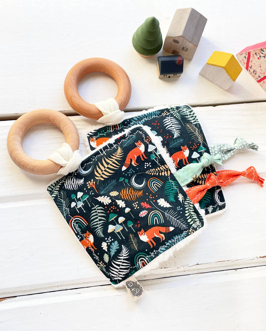 Fox and Rainbows Crinkle Tag Toy with Teething Ring