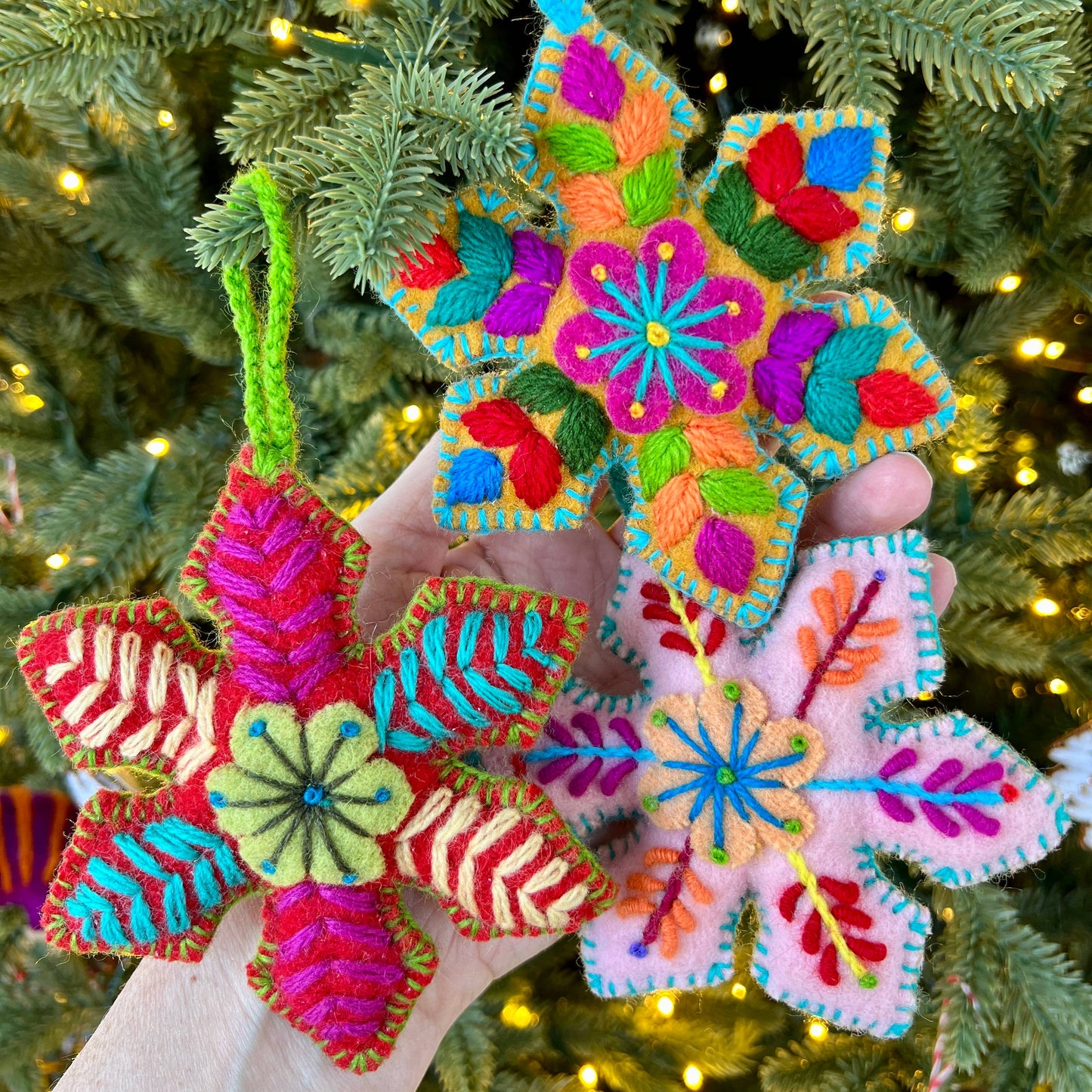Colorful Pointed Snowflake Embroidered Christmas Ornament, 12pk