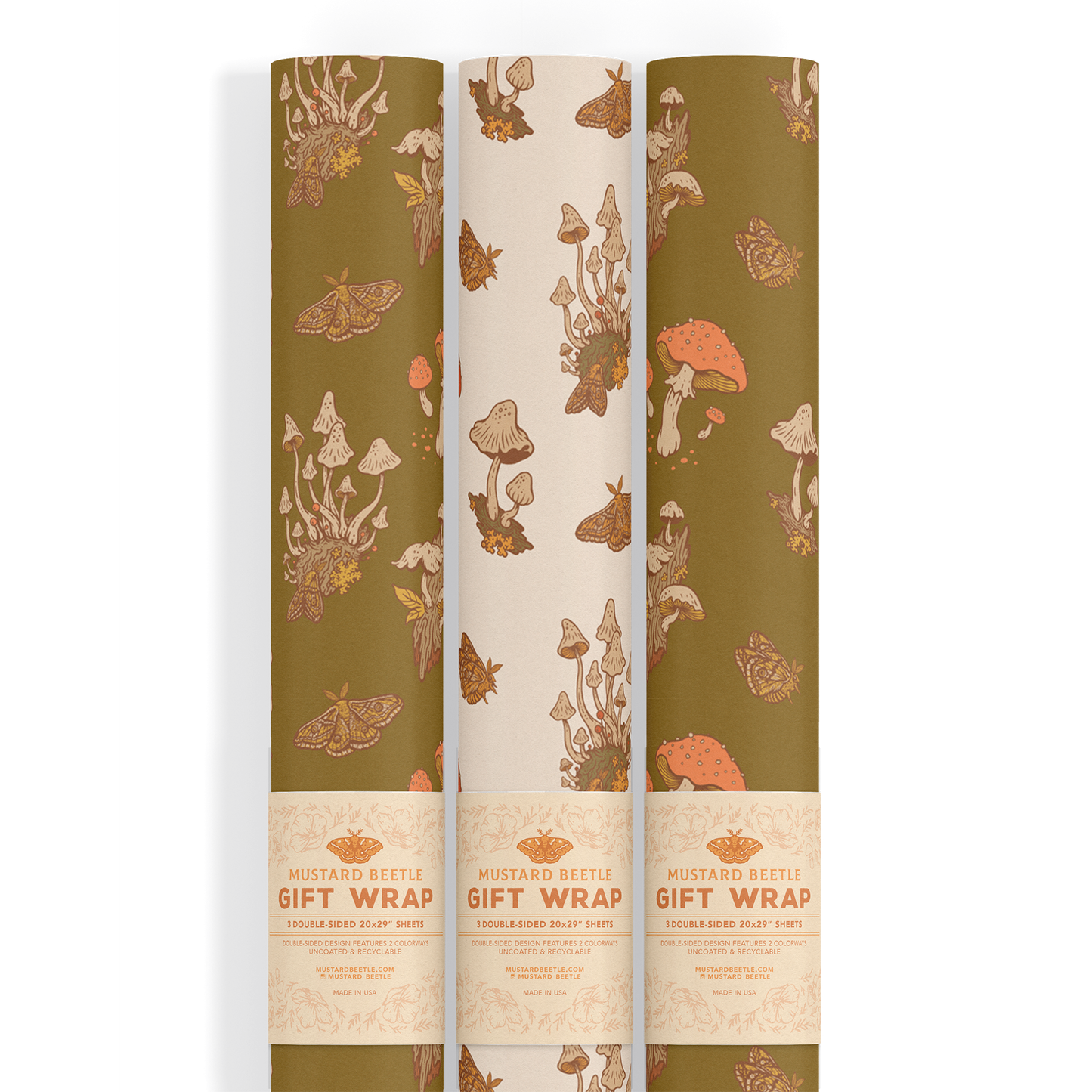 Recyclable Gift Wrap / Wrapping Paper: Mushrooms (Green & Cr
