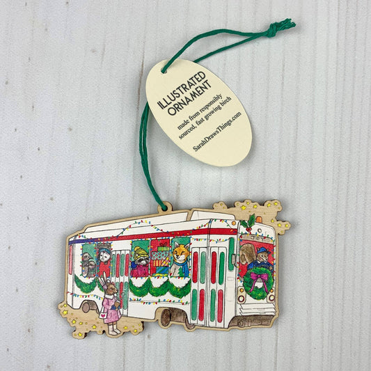 Jolly Trolley - 3.5" illustrated wooden tree ornament