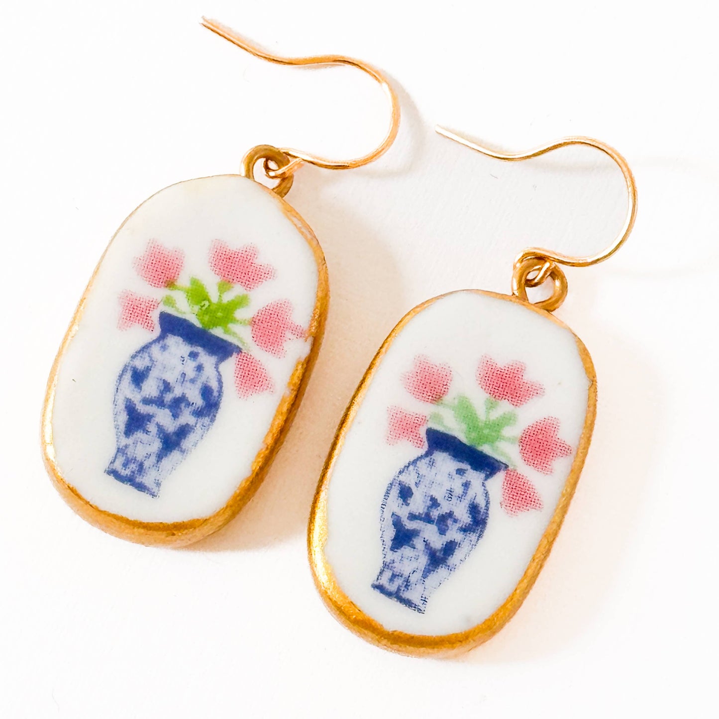 Ceramic Floral Vase Earrings Gold Plated Blue White