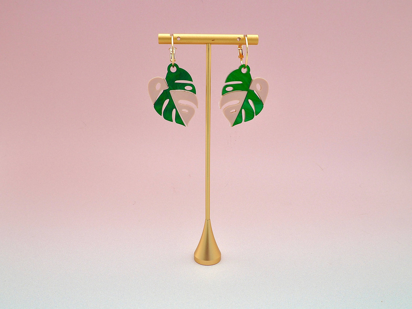 Pink Begonia and Monstera leaf earrings
